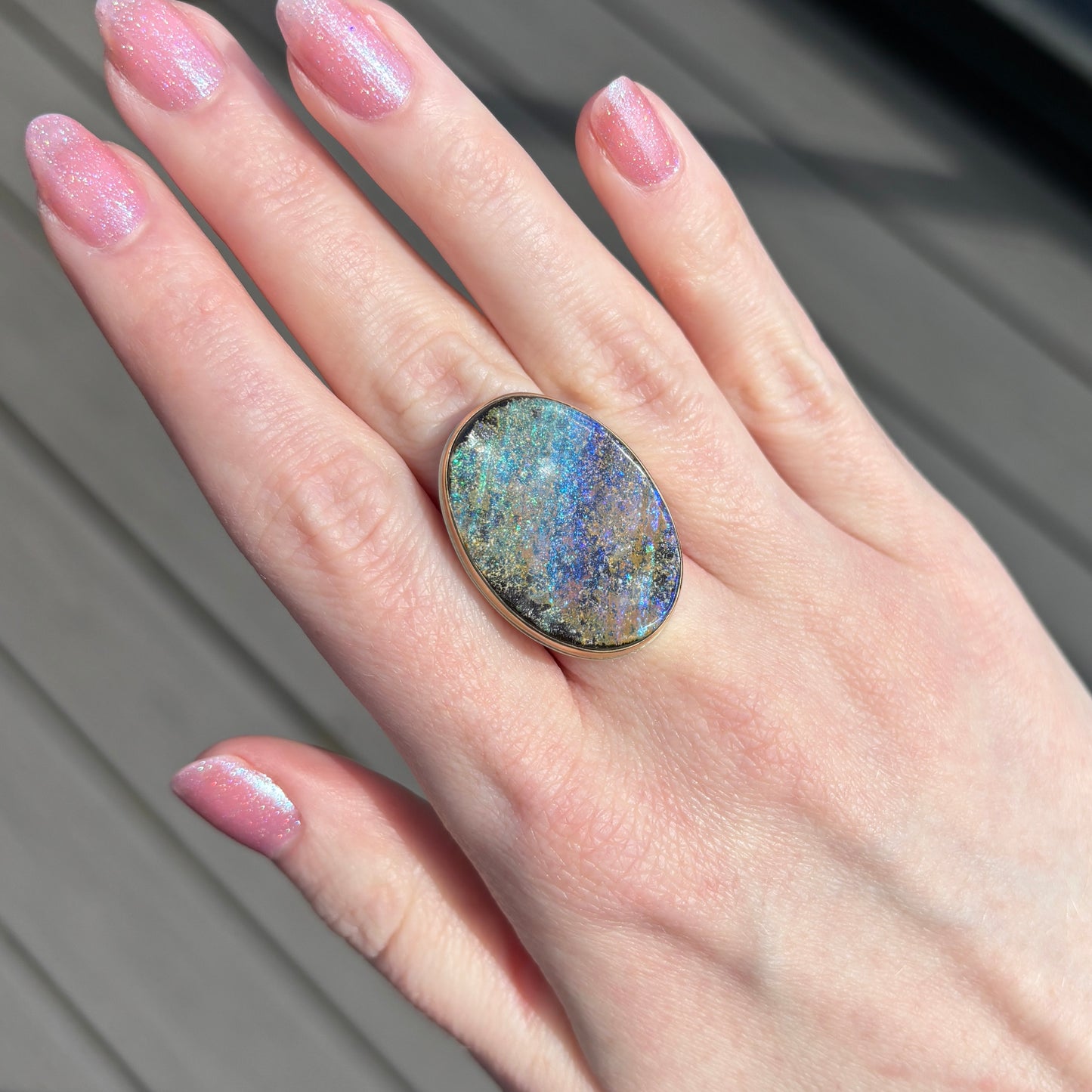 Sterling & 14K Gold Large Boulder Opal Ring