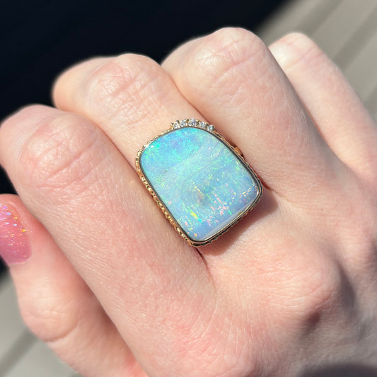 14K Gold Boulder Opal & Diamond Ring