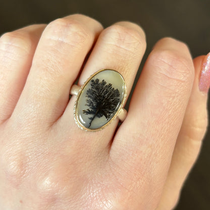 Sterling Lava Edge & 14K Gold Oval Dendritic Agate Ring