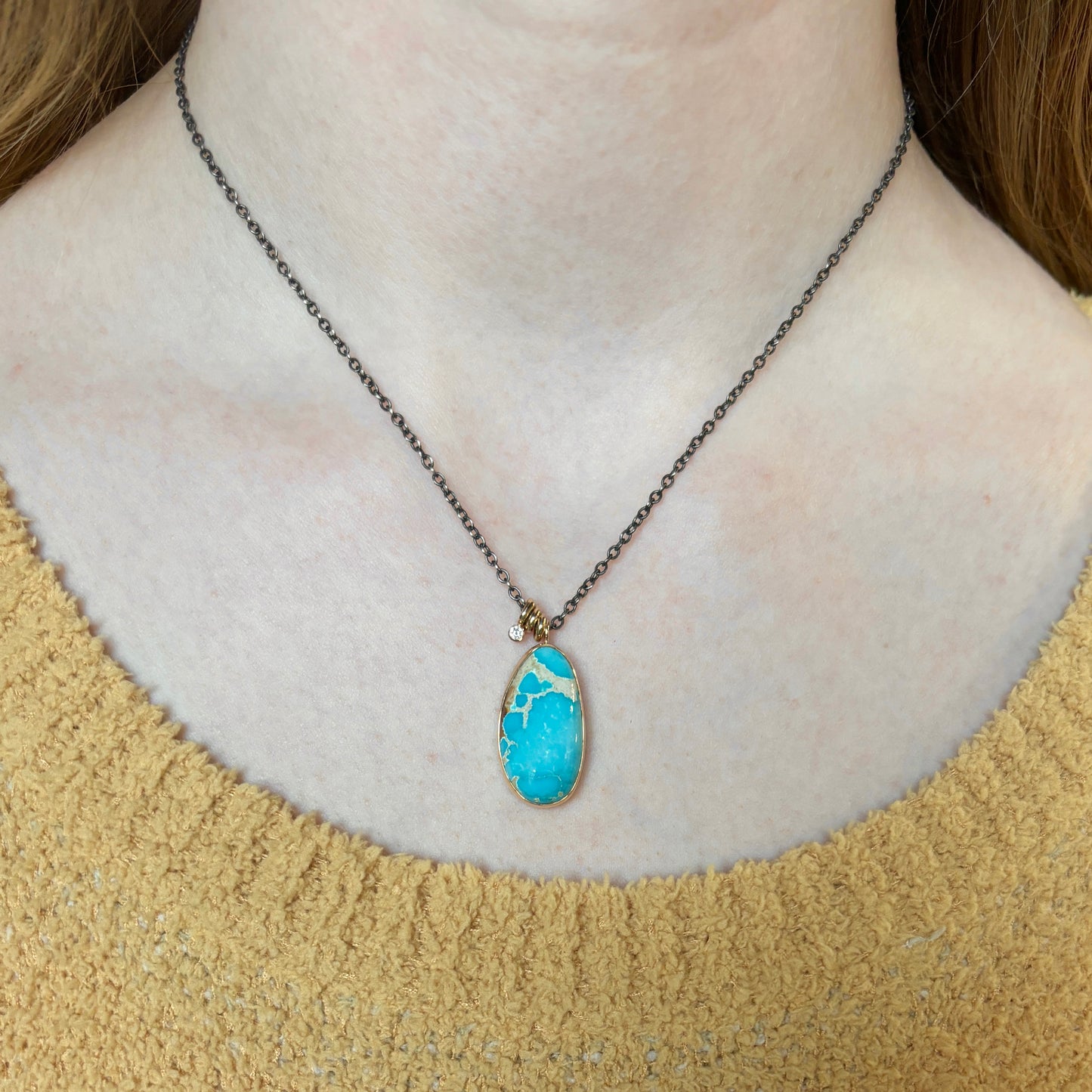 Oxidized Sterling & 14K Gold Royston Turquoise & Diamond Necklace