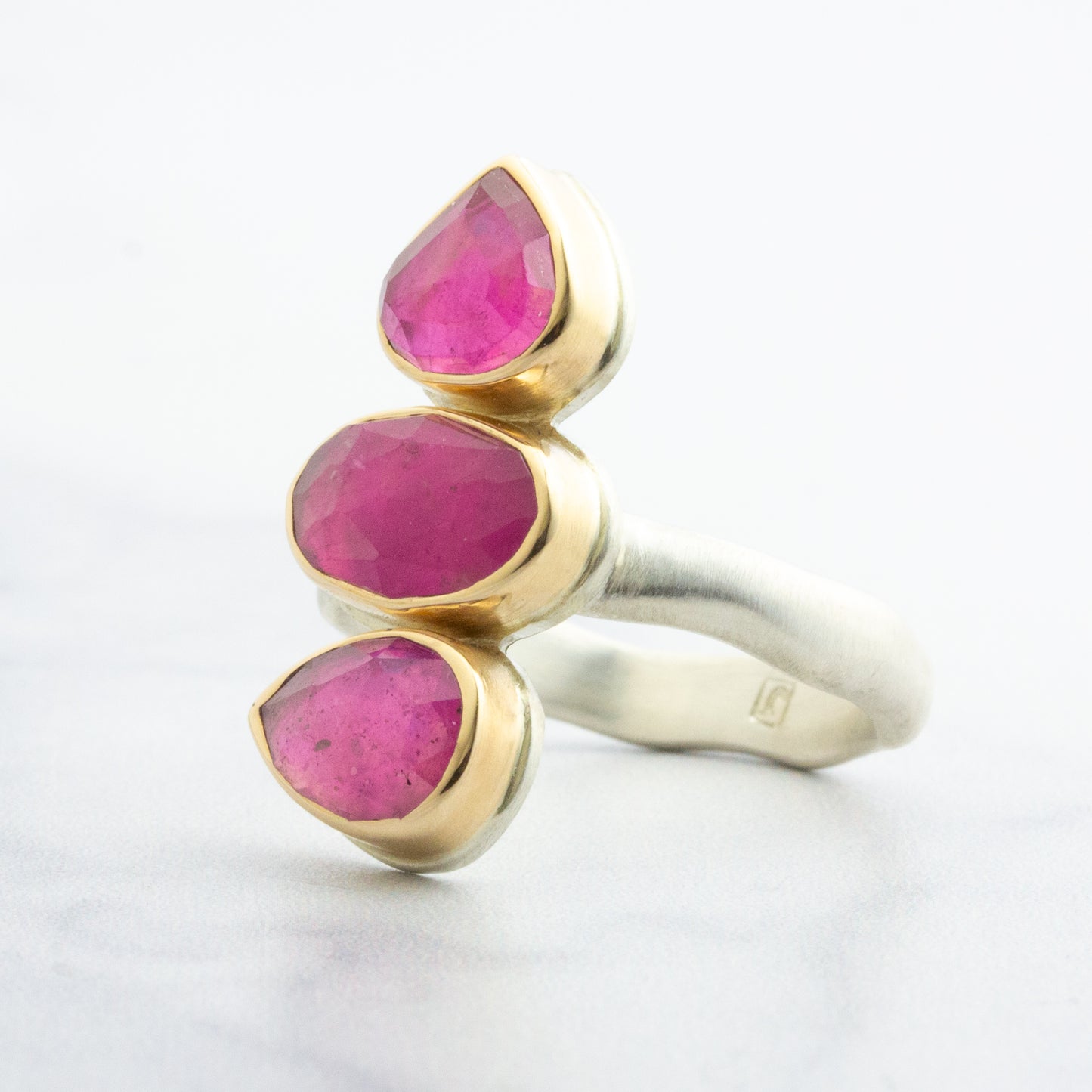 Sterling & 14K Gold Triple African Ruby Ring