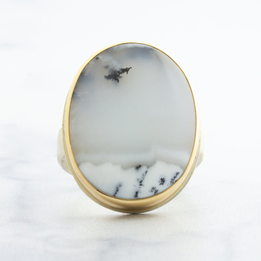 Sterling & 14K Gold Oval Dendritic Opal Ring