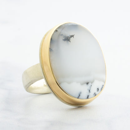 Sterling & 14K Gold Oval Dendritic Opal Ring