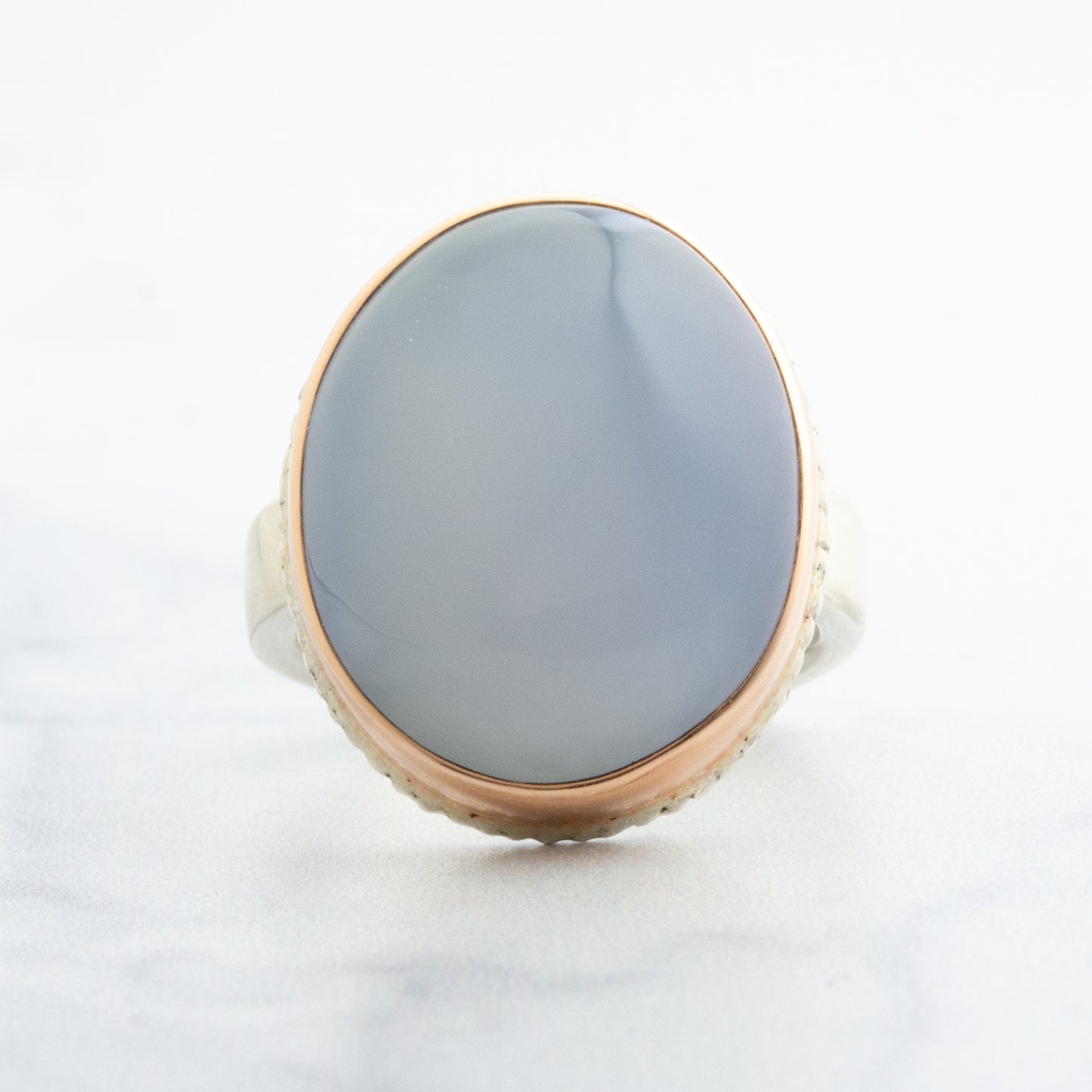 Sterling Lava Edge & 14K Rose Gold Blue Chalcedony Ring