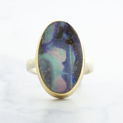 Sterling & 14K Gold Oval Boulder Opal Ring