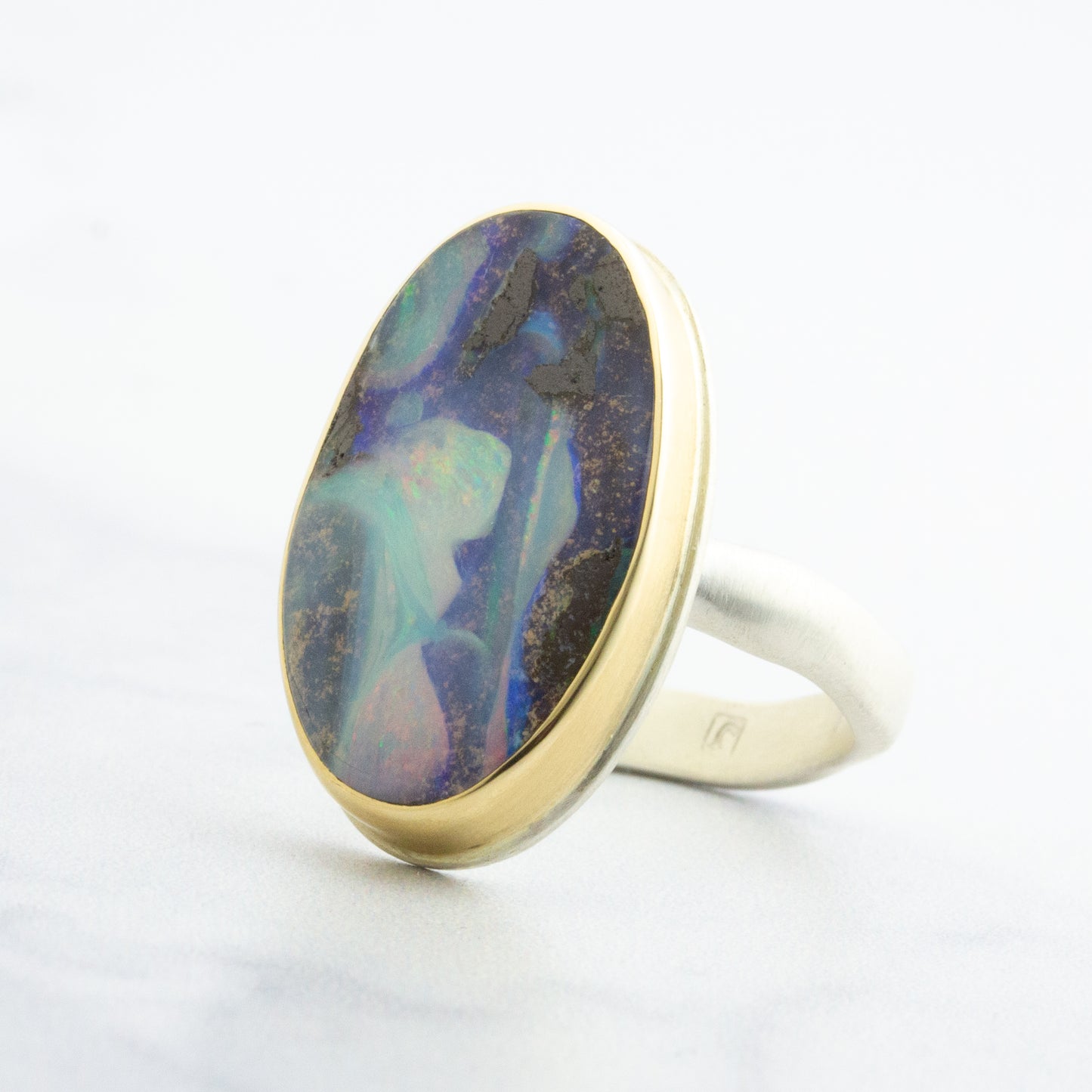 Sterling & 14K Gold Oval Boulder Opal Ring