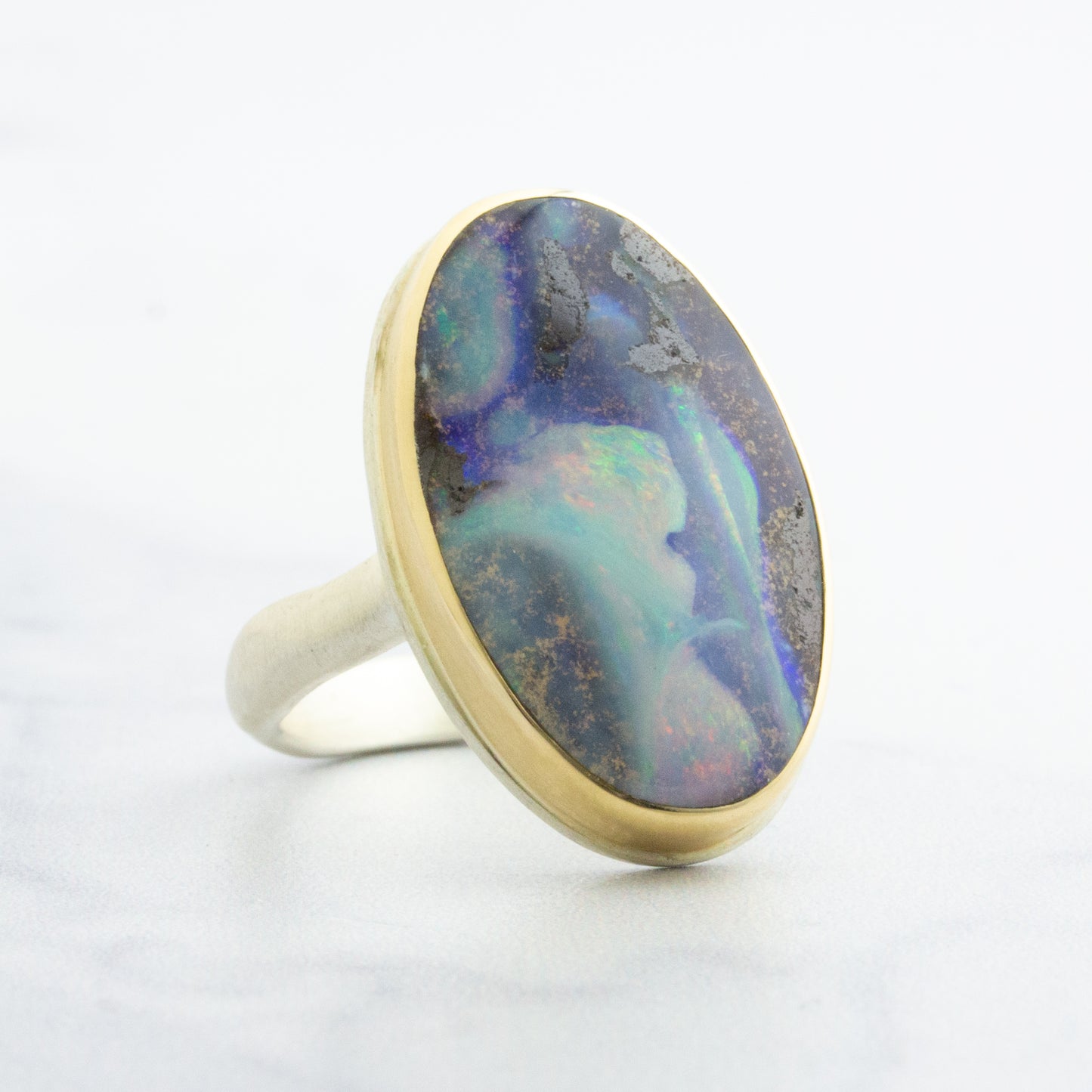 Sterling & 14K Gold Oval Boulder Opal Ring