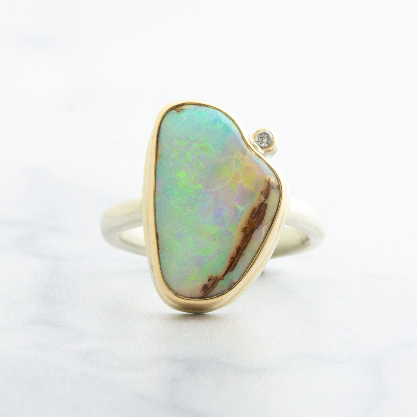 Sterling & 14K Gold Opalized Wood & Diamond Ring