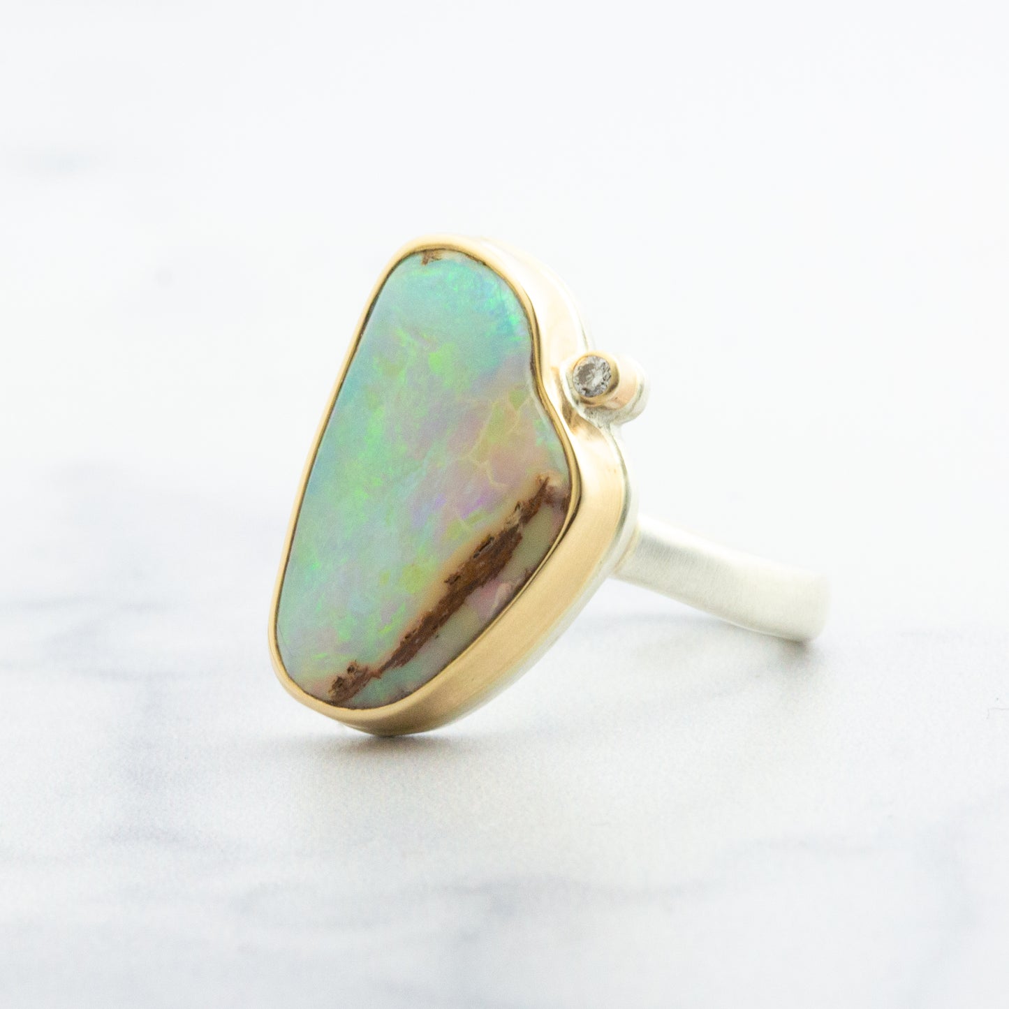 Sterling & 14K Gold Opalized Wood & Diamond Ring