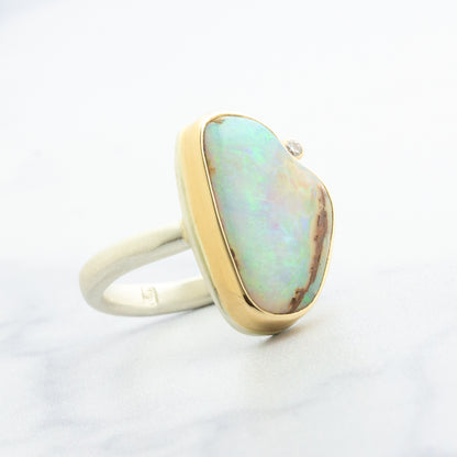 Sterling & 14K Gold Opalized Wood & Diamond Ring