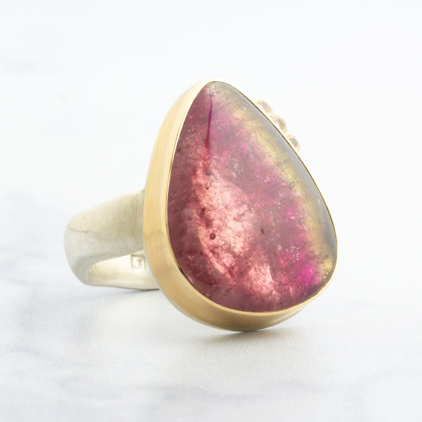 Sterling & 14K Gold Teardrop Watermelon Tourmaline & Diamond Ring