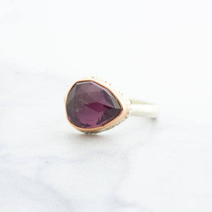 Sterling Lava Edge & 14K Rose Gold Teardrop Purple Tourmaline Ring