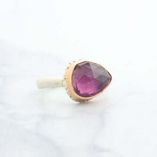Sterling Lava Edge & 14K Rose Gold Teardrop Purple Tourmaline Ring