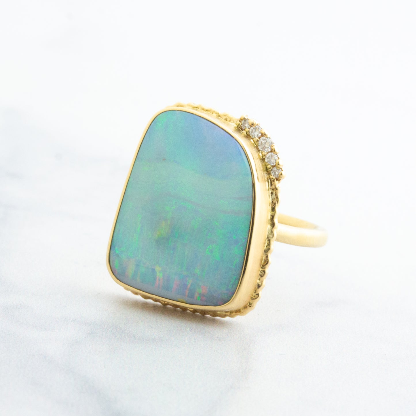 14K Gold Boulder Opal & Diamond Ring