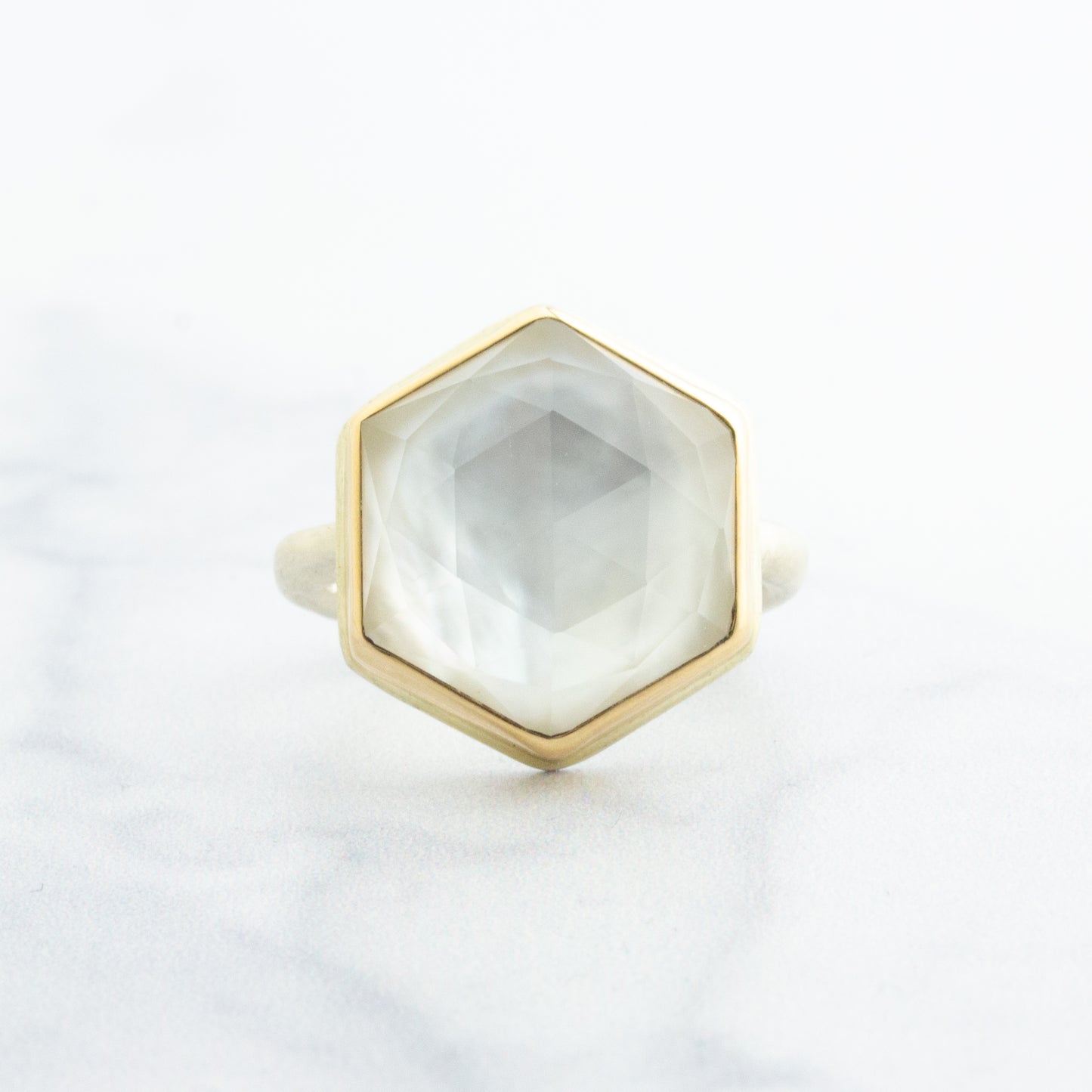 Sterling & 14K Gold Rock Crystal and Mother of Pearl Ring