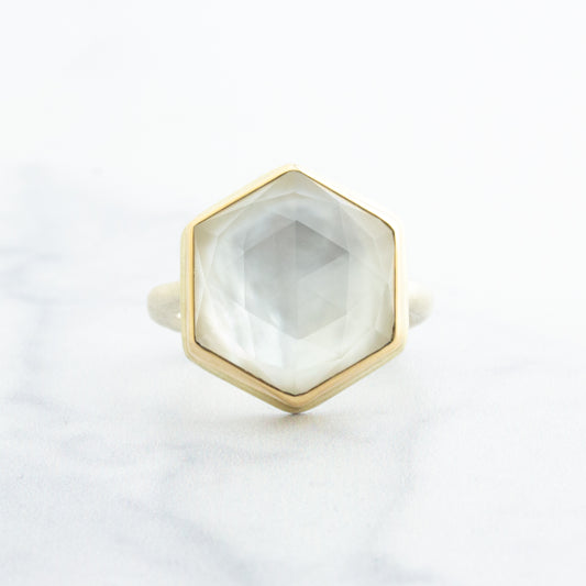 Sterling & 14K Gold Rock Crystal and Mother of Pearl Ring