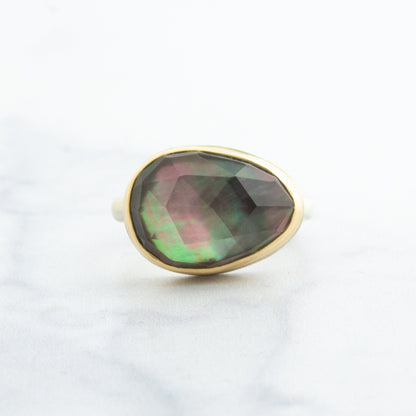 Sterling & 14K Gold Rock Crystal and Mother of Pearl Ring