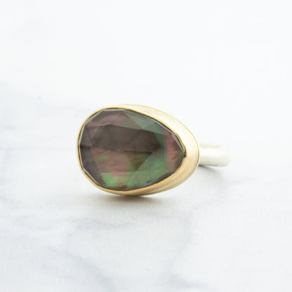 Sterling & 14K Gold Rock Crystal and Mother of Pearl Ring