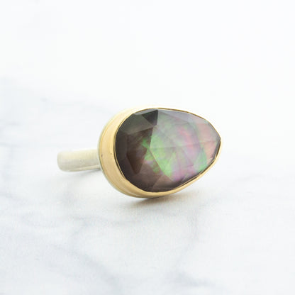 Sterling & 14K Gold Rock Crystal and Mother of Pearl Ring