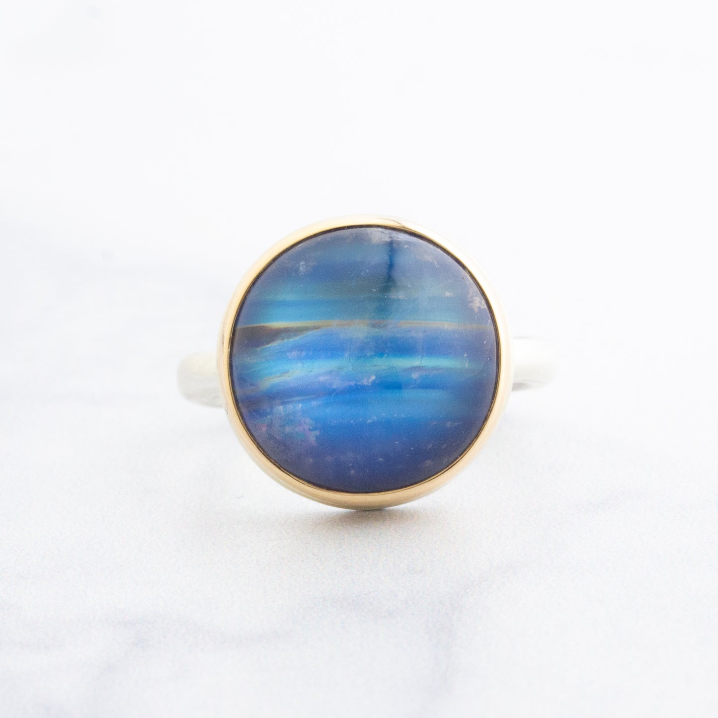 Sterling & 14K Gold Round Blue Rainbow Moonstone Ring