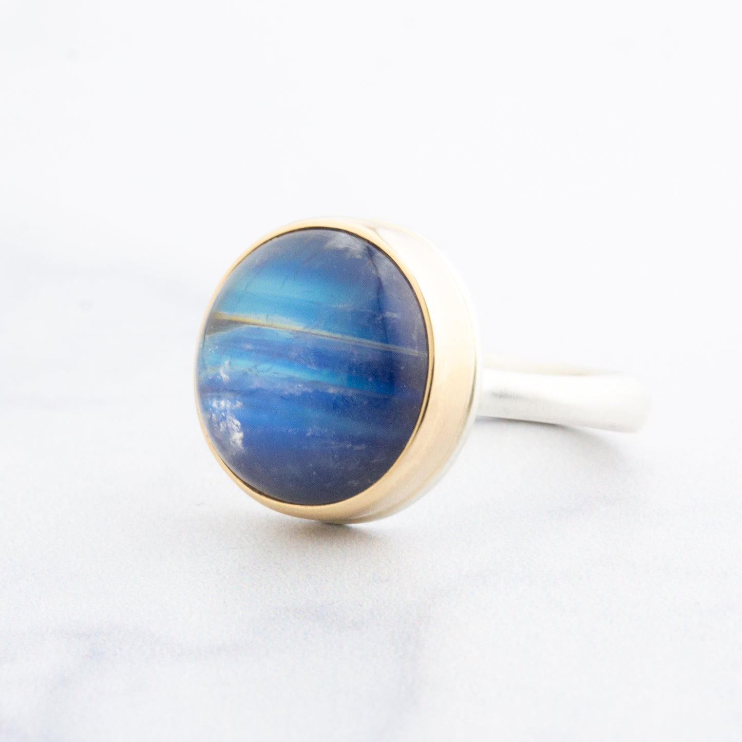 Sterling & 14K Gold Round Blue Rainbow Moonstone Ring