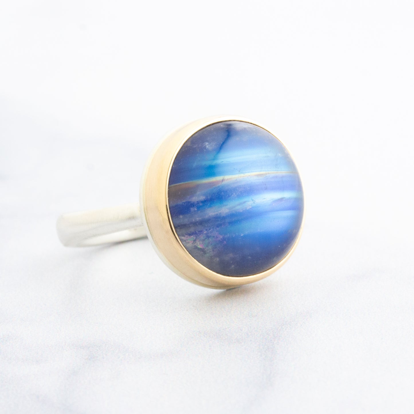 Sterling & 14K Gold Round Blue Rainbow Moonstone Ring