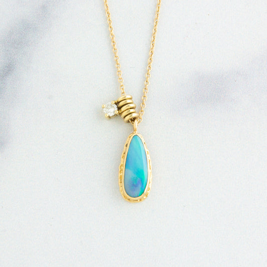 14K Gold Australian Opal & Diamond Necklace
