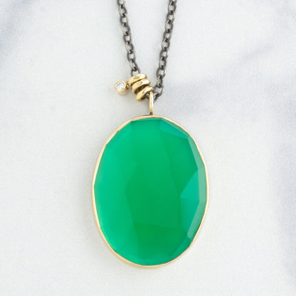 Oxidized Sterling & 14K Gold Green Onyx & Diamond Necklace
