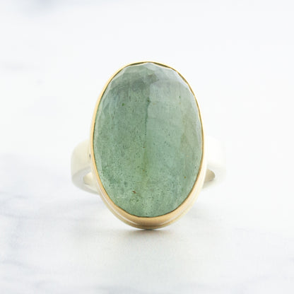 Sterling & 14K Gold Large Green Beryl Ring