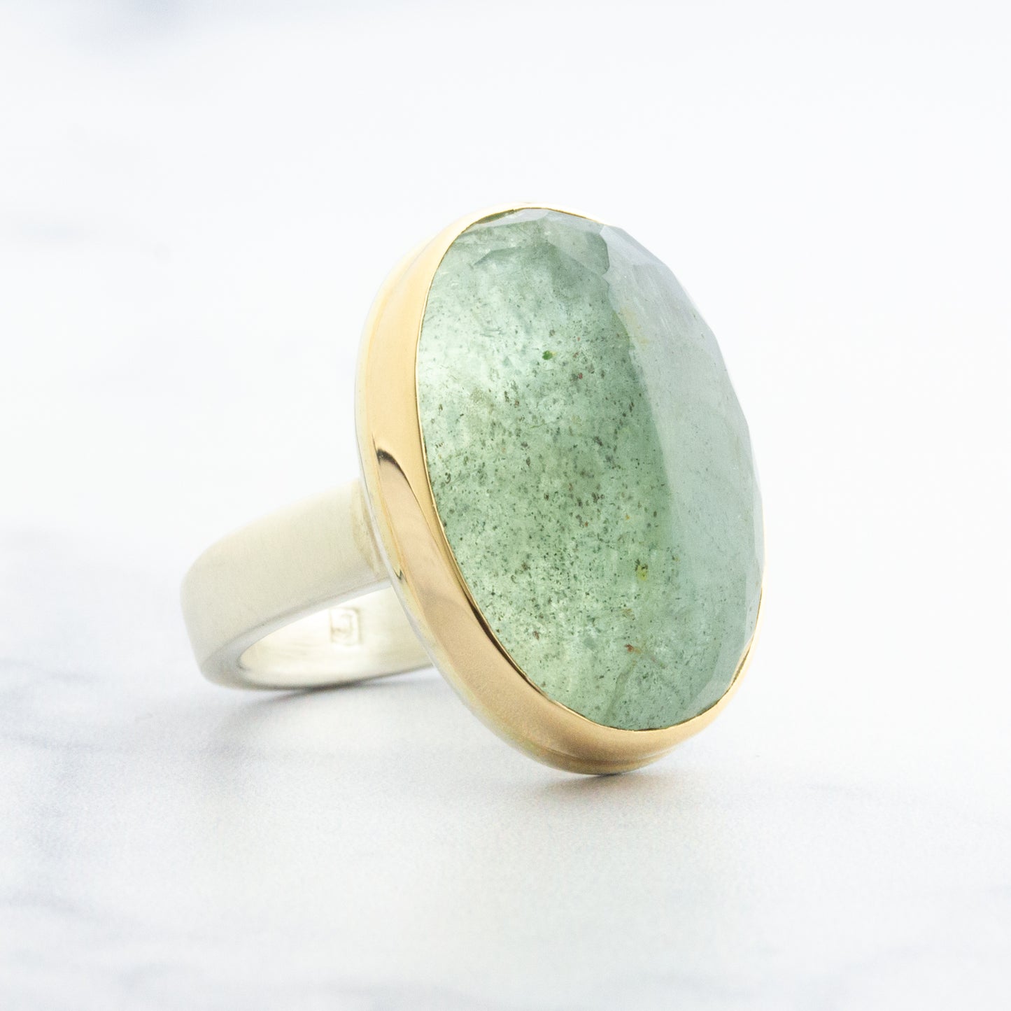 Sterling & 14K Gold Large Green Beryl Ring