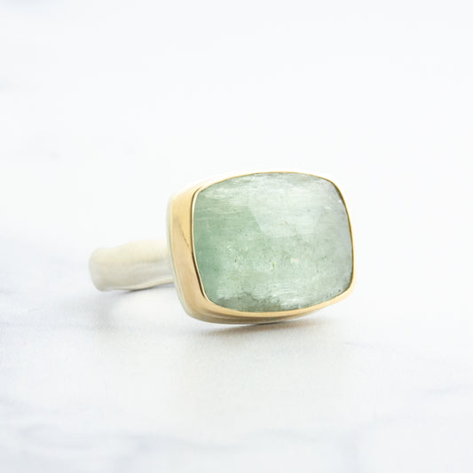 Sterling & 14K Gold Rectangular Green Beryl Ring