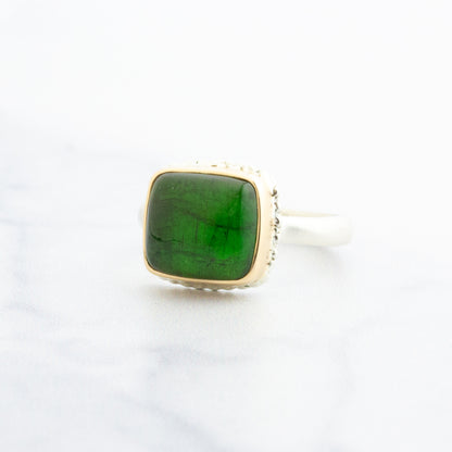 Sterling Lava Edge & 14K Gold Square Green Tourmaline Ring