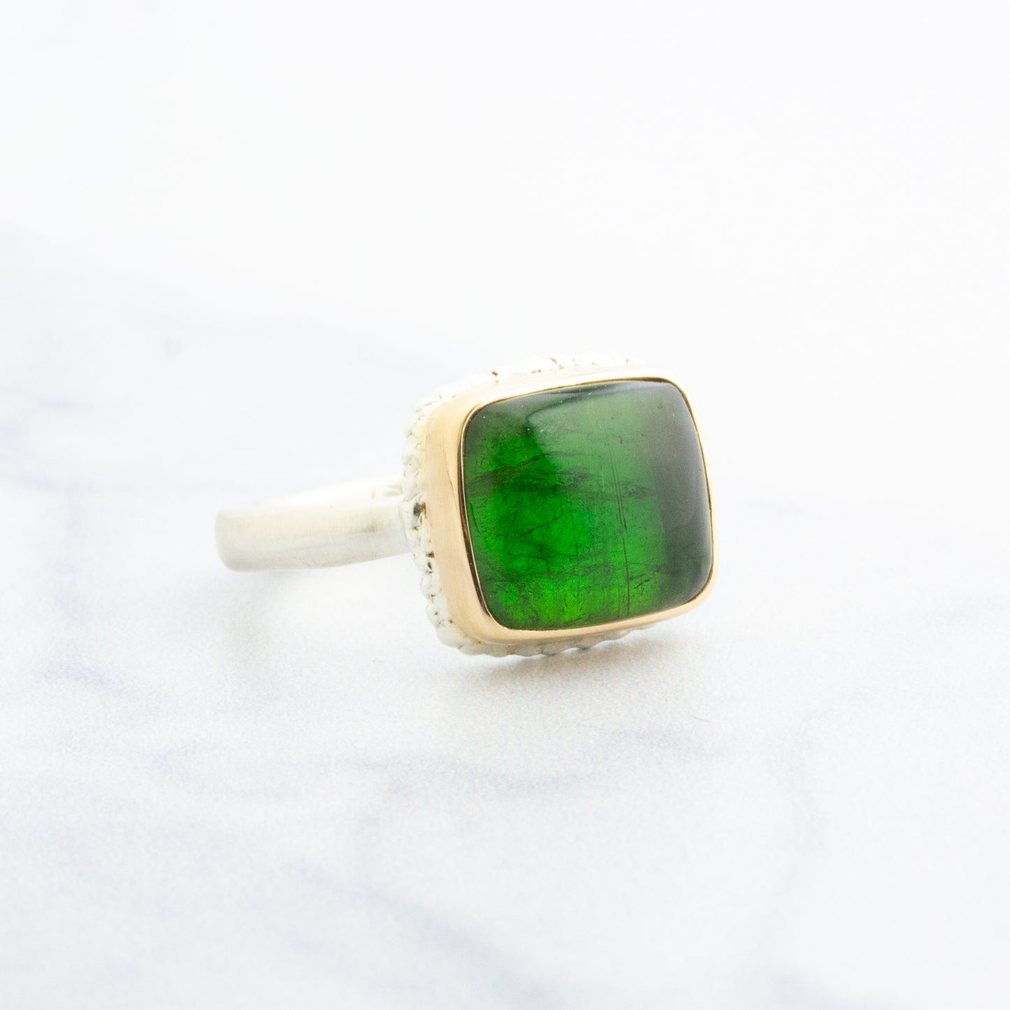 Sterling Lava Edge & 14K Gold Square Green Tourmaline Ring