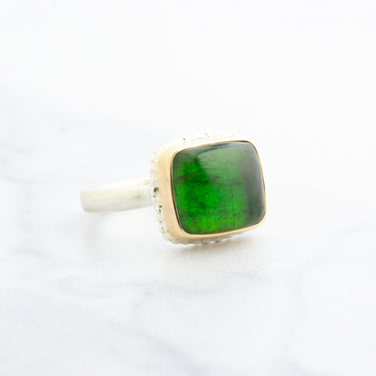 Sterling Lava Edge & 14K Gold Square Green Tourmaline Ring