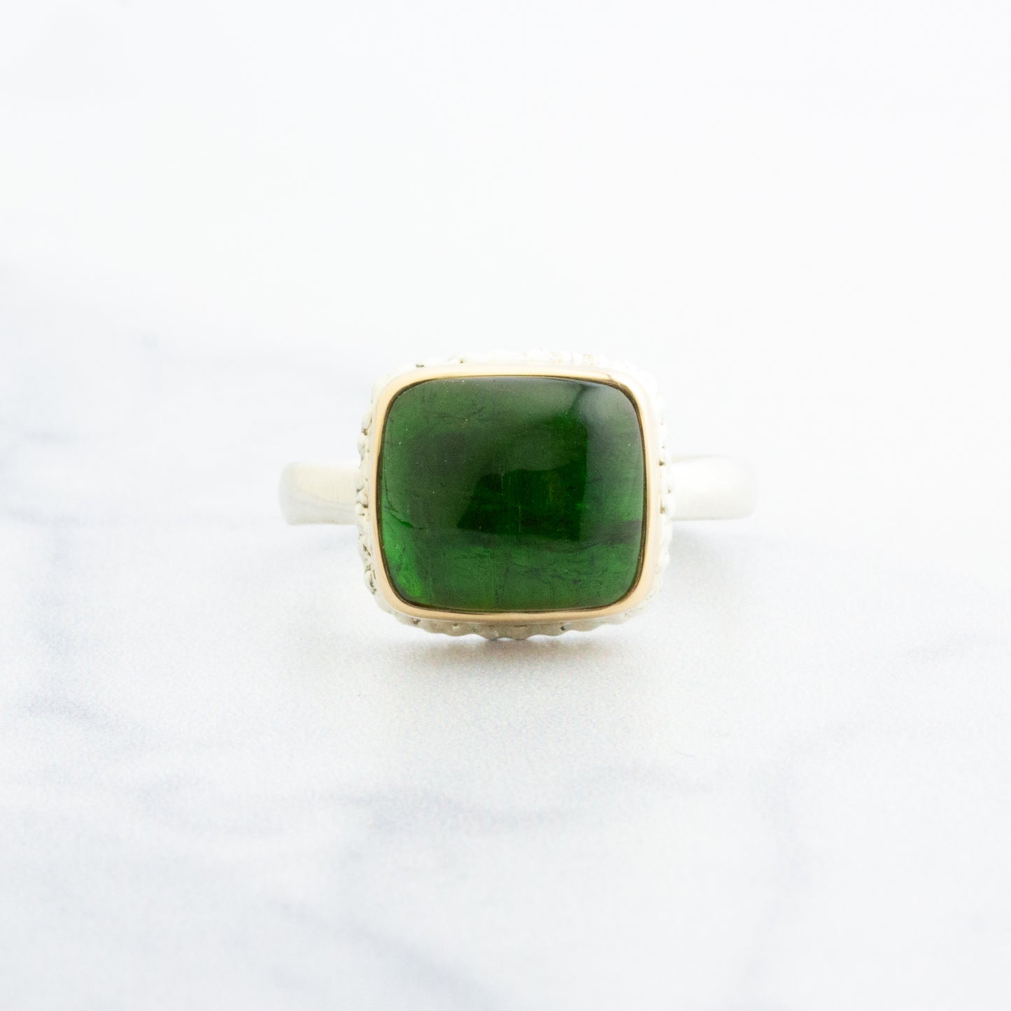 Sterling Lava Edge & 14K Gold Square Green Tourmaline Ring