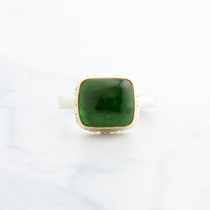 Sterling Lava Edge & 14K Gold Square Green Tourmaline Ring