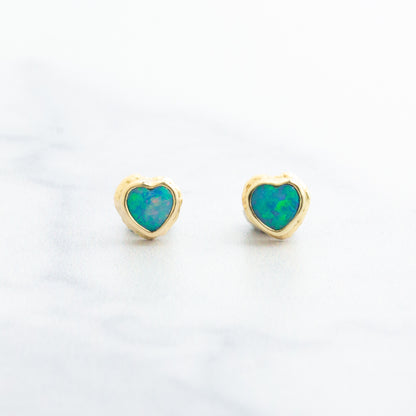 14K Gold Australian Opal Heart Post Earrings