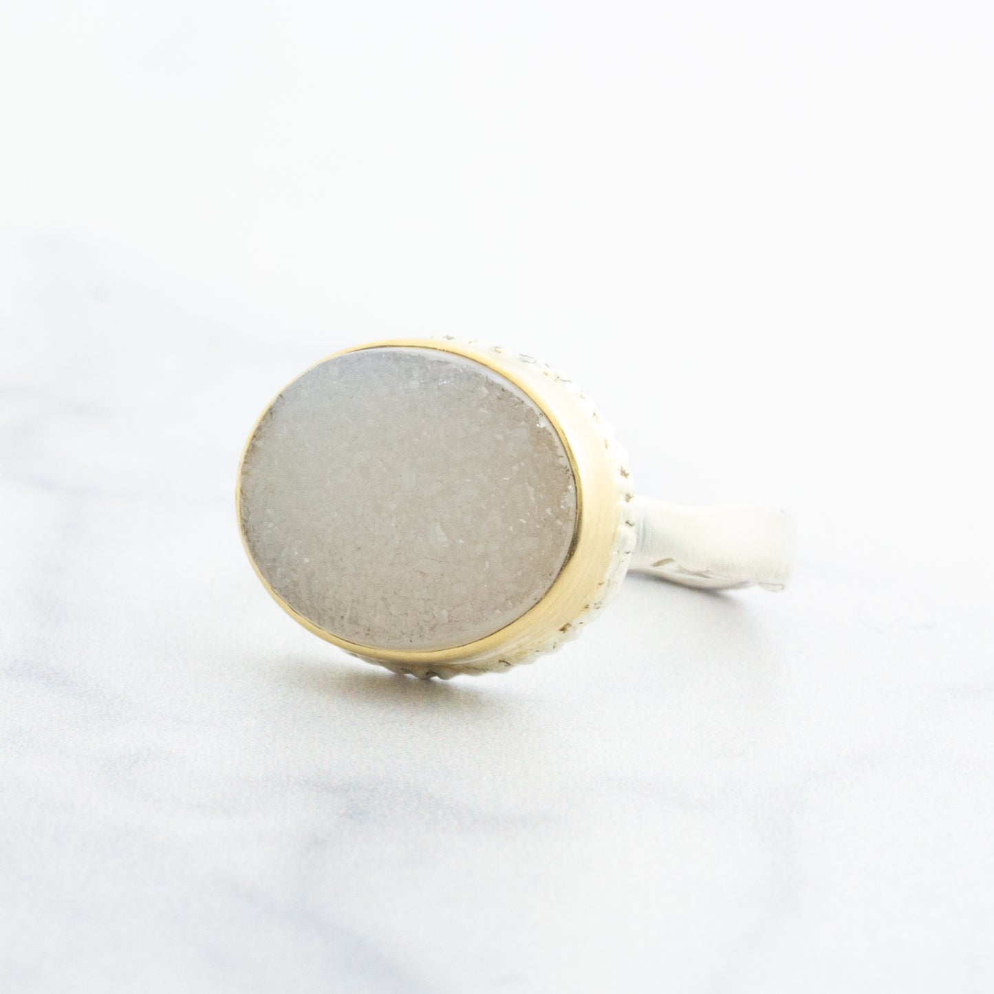 Sterling Lava Edge & 14K Gold Brazilian White Drusy Ring