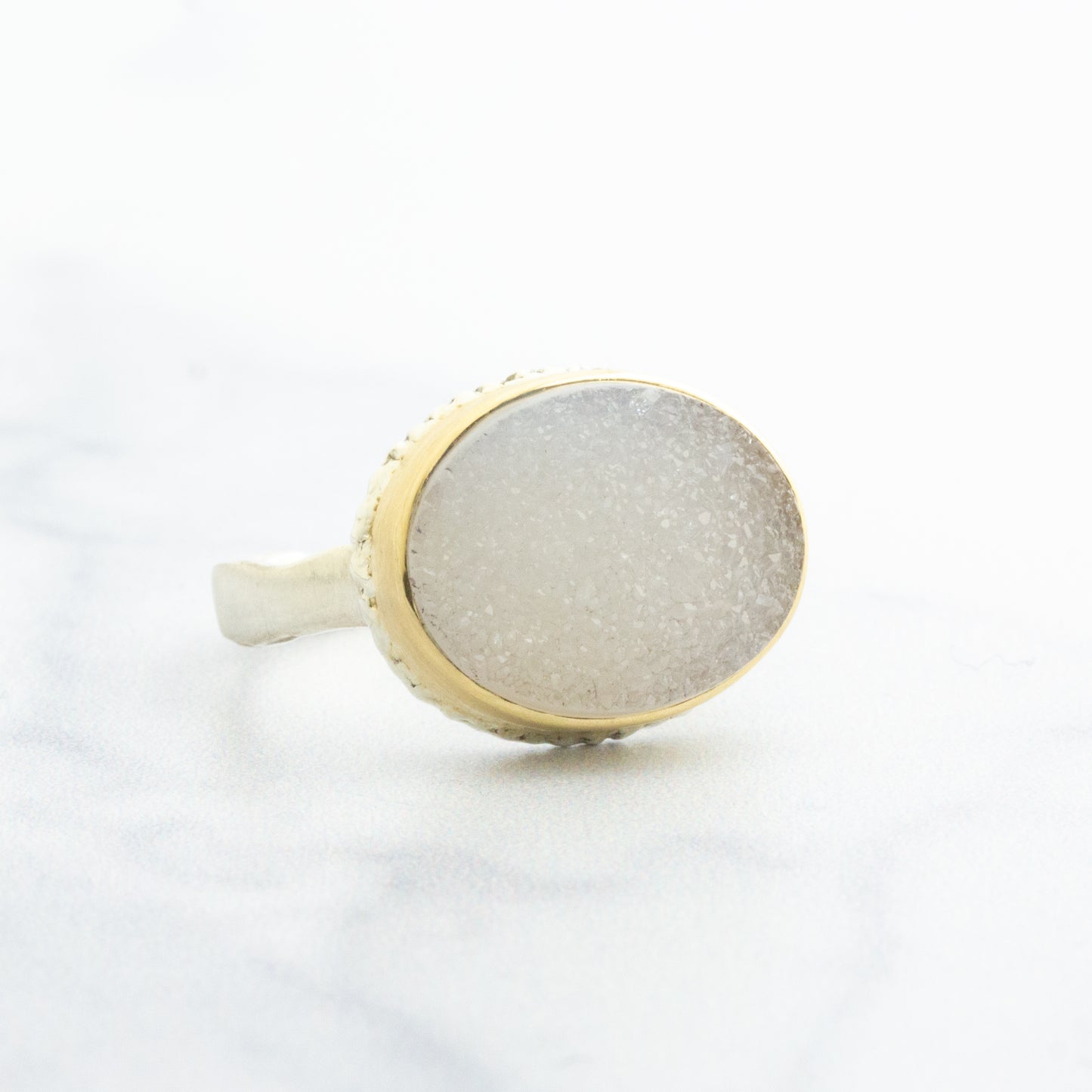 Sterling Lava Edge & 14K Gold Brazilian White Drusy Ring