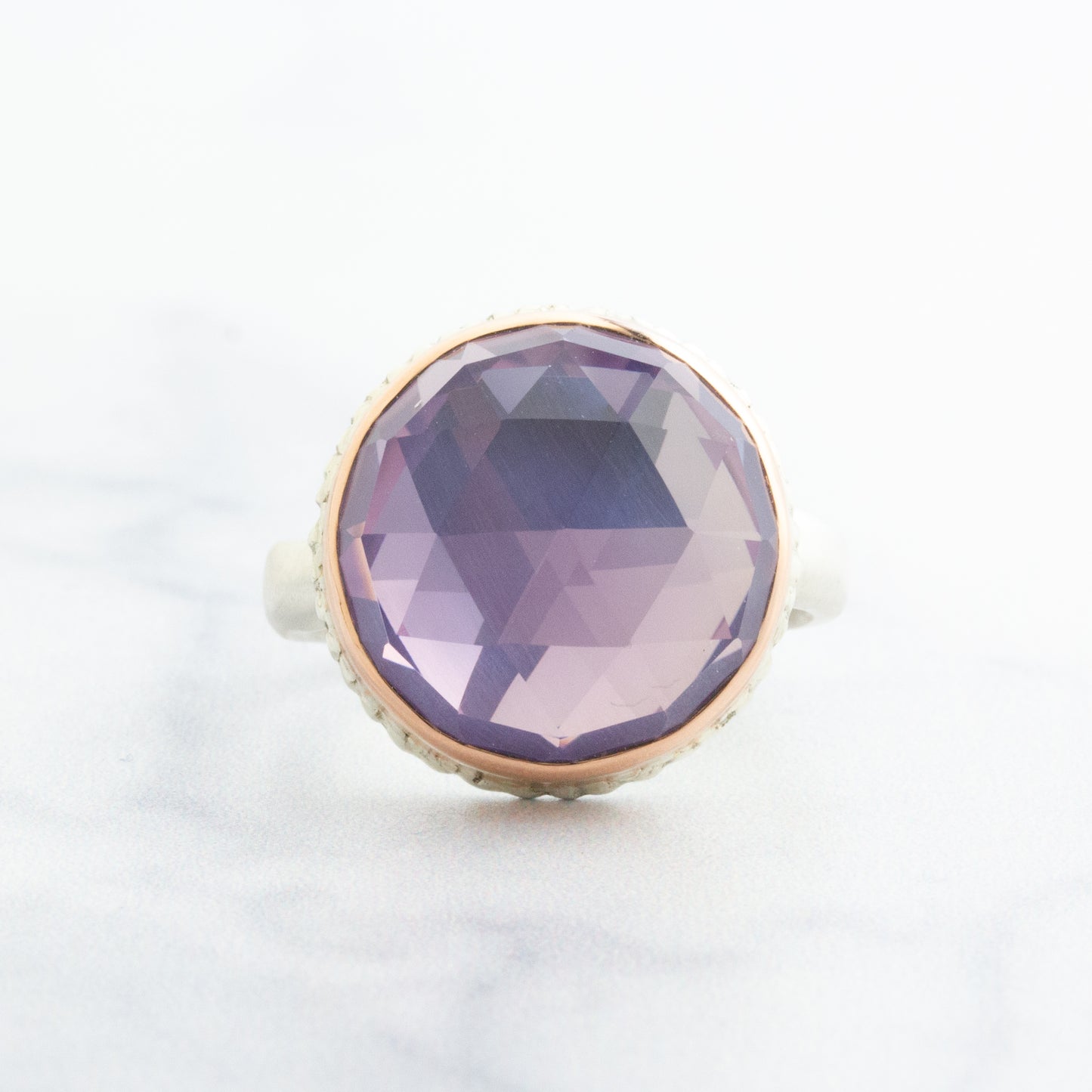 Sterling Lava Edge & 14K Rose Gold Round Lavender Amethyst Ring