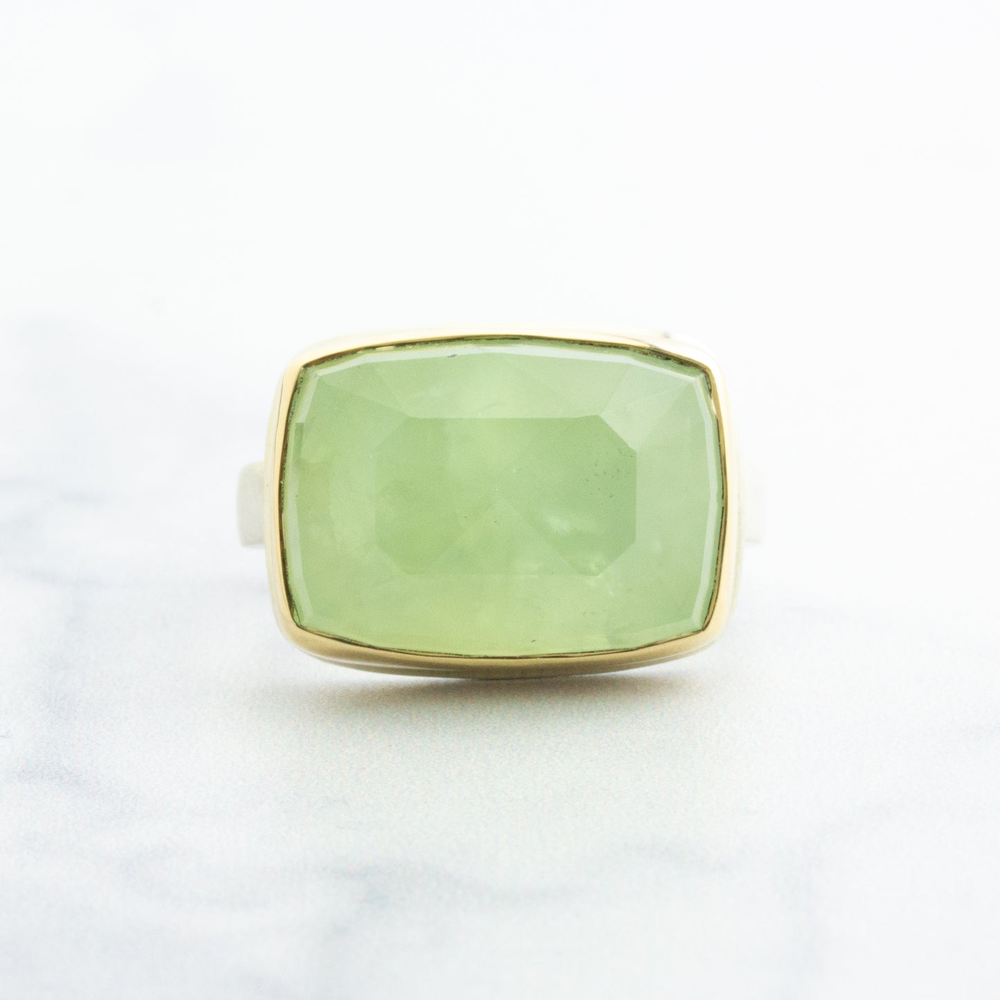 Sterling & 14K Gold Rectangular Prehnite Ring