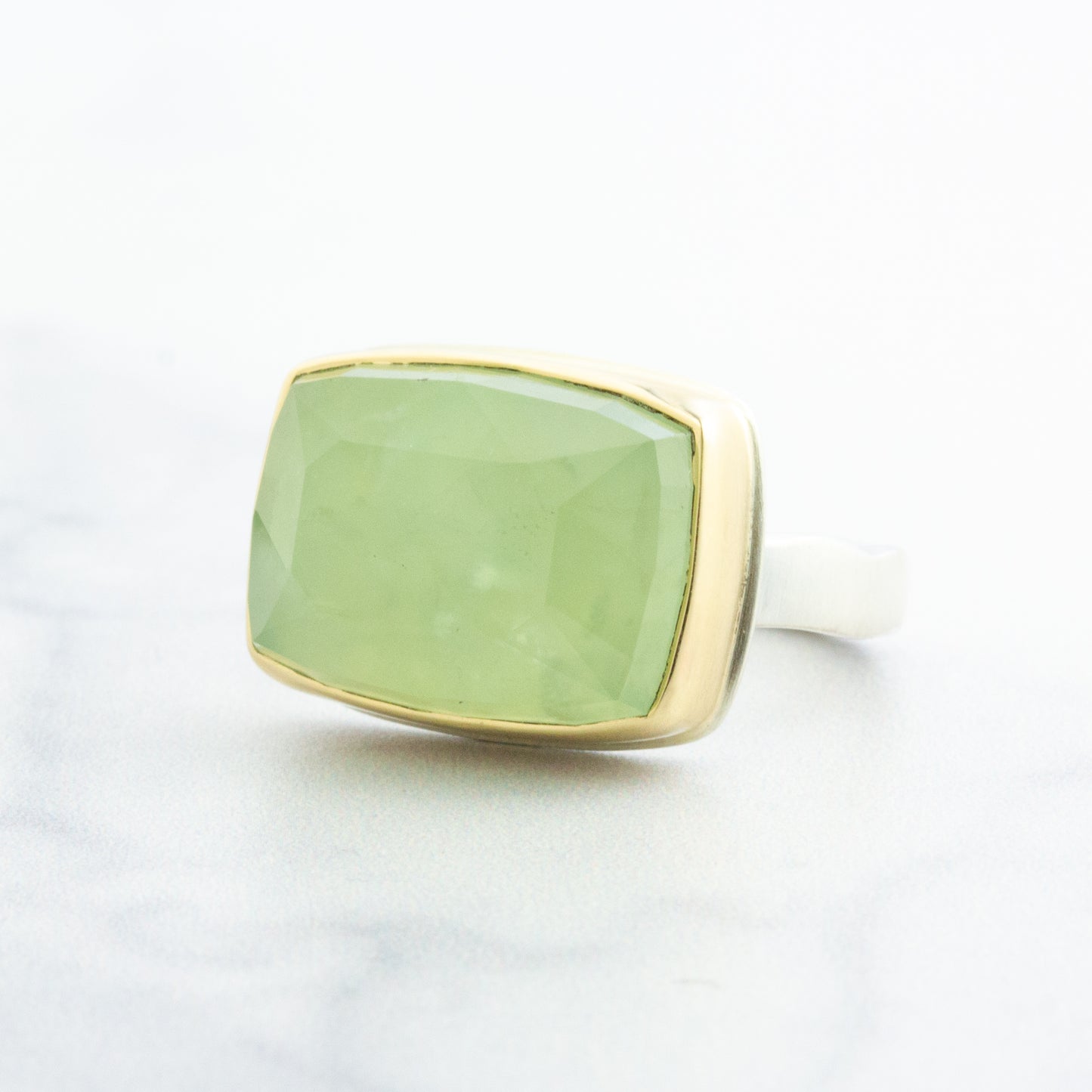 Sterling & 14K Gold Rectangular Prehnite Ring