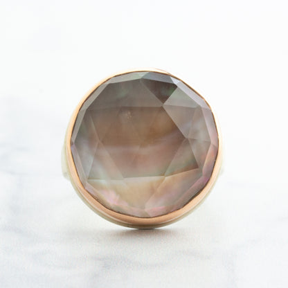 Sterling & 14K Rose Gold Rock Crystal and Mother of Pearl Ring