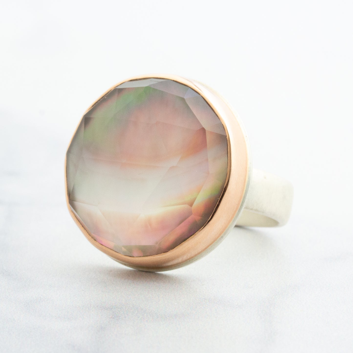 Sterling & 14K Rose Gold Rock Crystal and Mother of Pearl Ring