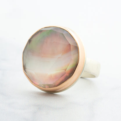 Sterling & 14K Rose Gold Rock Crystal and Mother of Pearl Ring