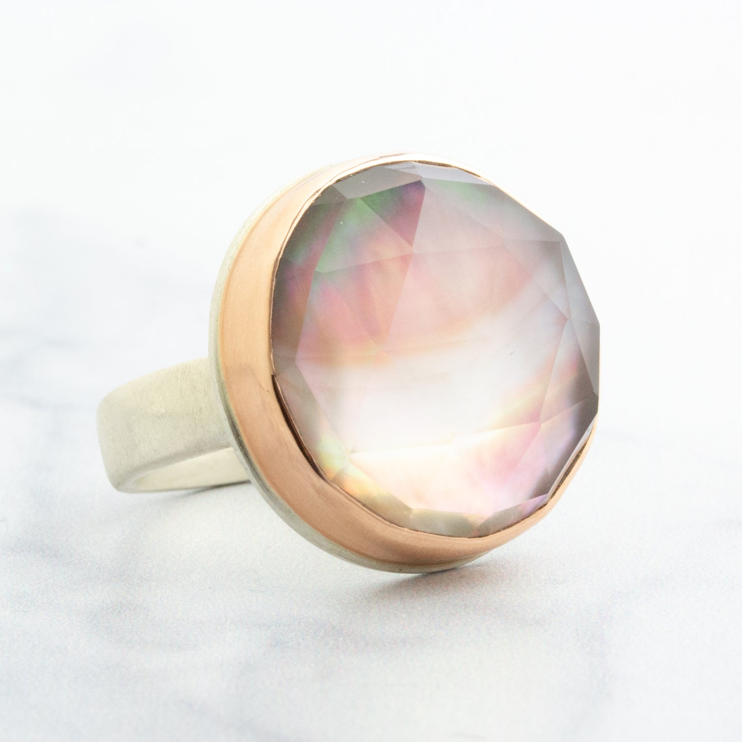 Sterling & 14K Rose Gold Rock Crystal and Mother of Pearl Ring