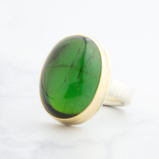 Sterling & 14K Gold Large Oval Green Tourmaline Ring