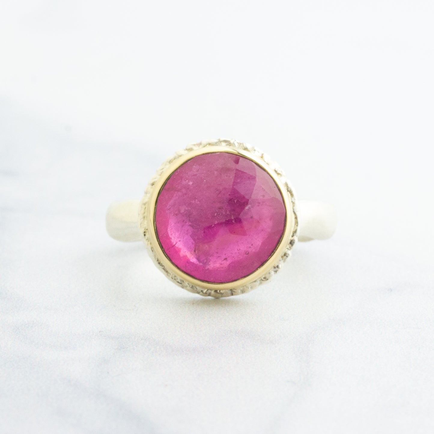 Sterling Lava Edge & 14K Gold Round African Ruby Ring