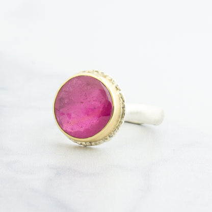 Sterling Lava Edge & 14K Gold Round African Ruby Ring