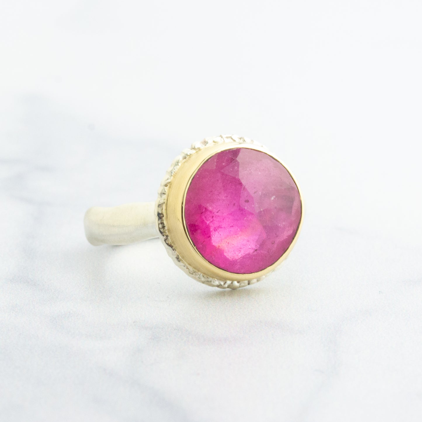 Sterling Lava Edge & 14K Gold Round African Ruby Ring